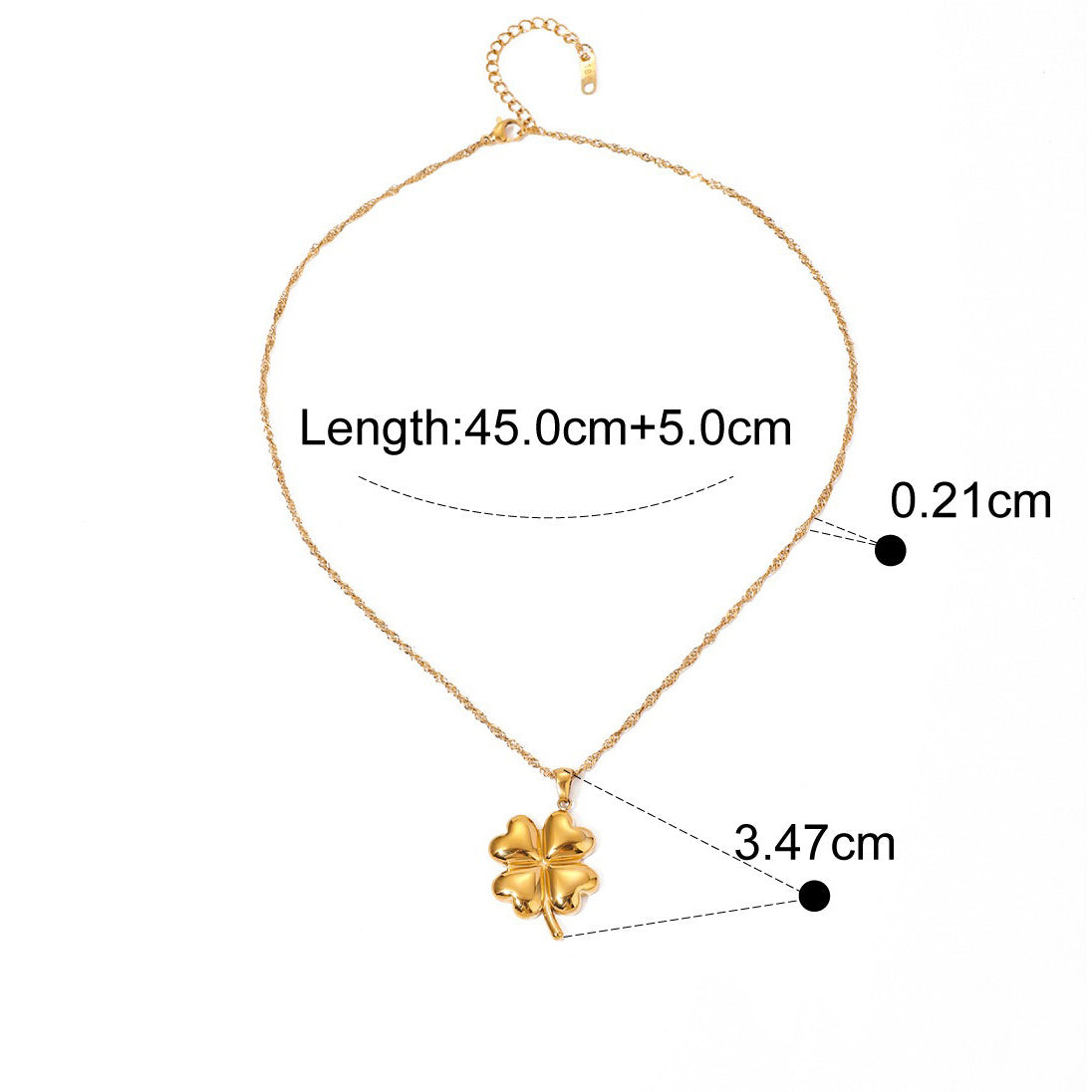 Elegant 18K gold pendant necklace featuring a delicate four-leaf clover design, symbolizing luck and fortune, with a shiny gold finish that adds a touch of luxury and charm.