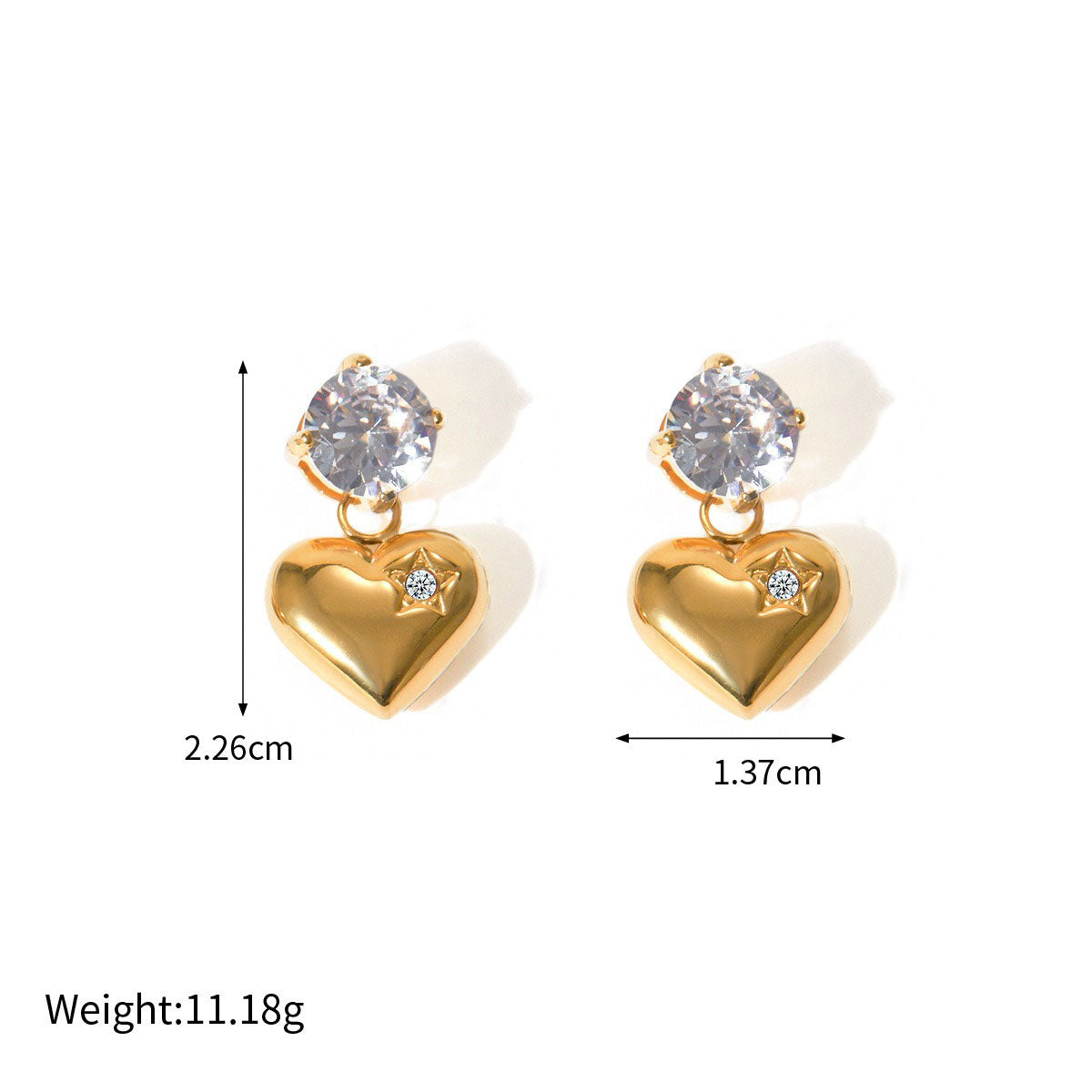 Elegant 18K gold heart-shaped earrings with sparkling inlaid zircon stones, combining luxury and charm for a sophisticated, timeless look