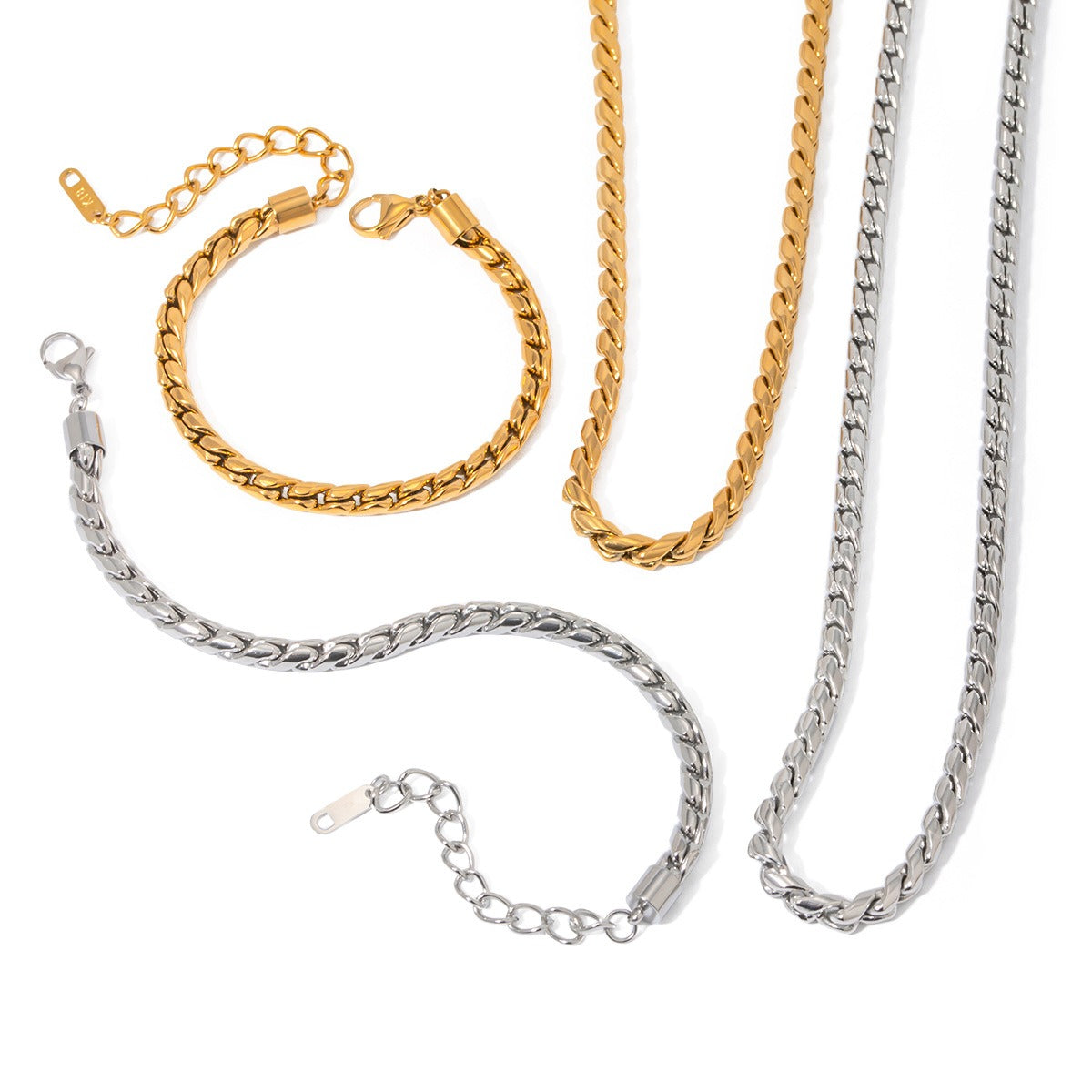 Stylish 18K gold chain bracelet and necklace set in a simple, minimalist design, offering an elegant and timeless look, perfect for everyday wear or special occasions.