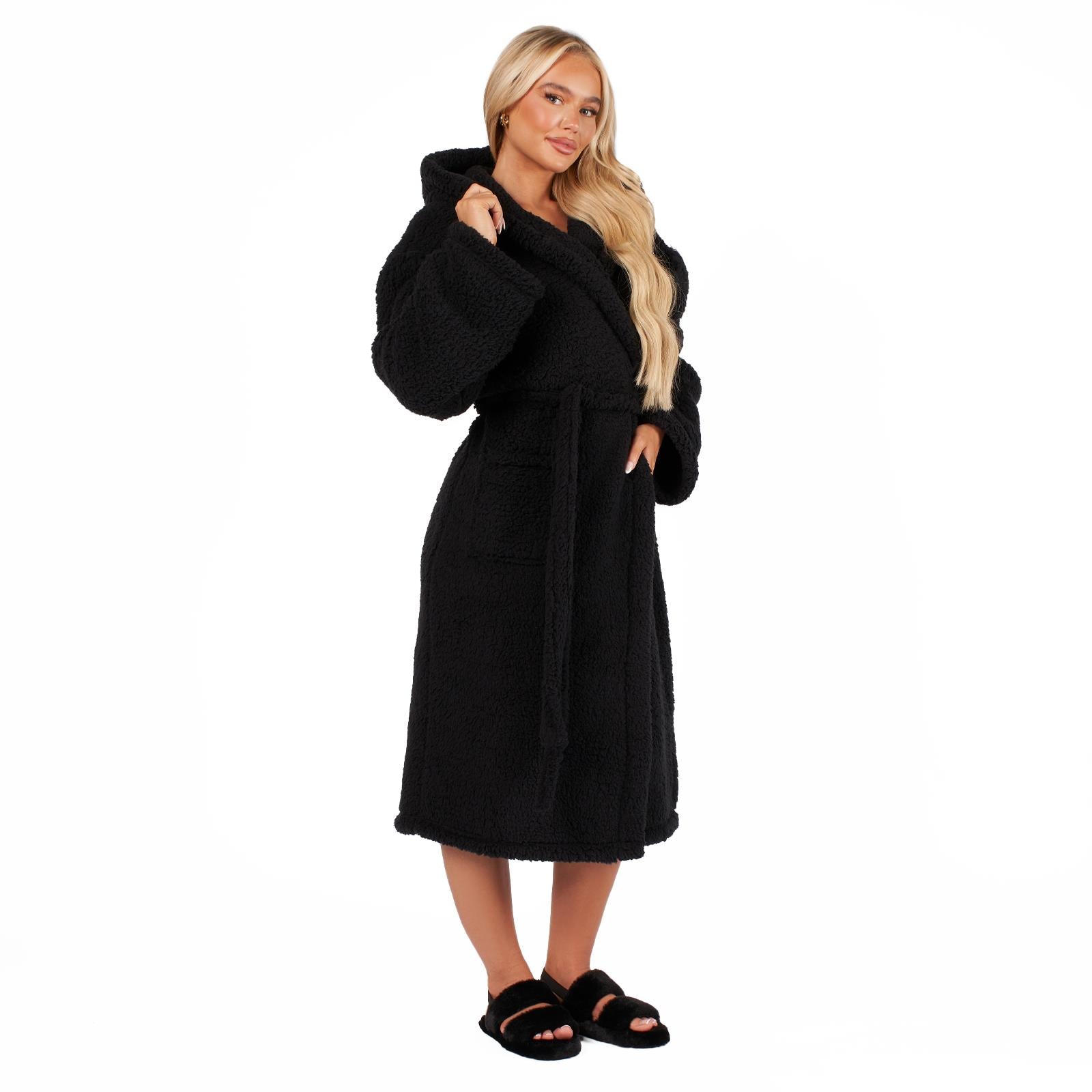 Teddy Fleece Long Dressing Gown Ladies Warm House Coat Hooded Long Cosy Robe