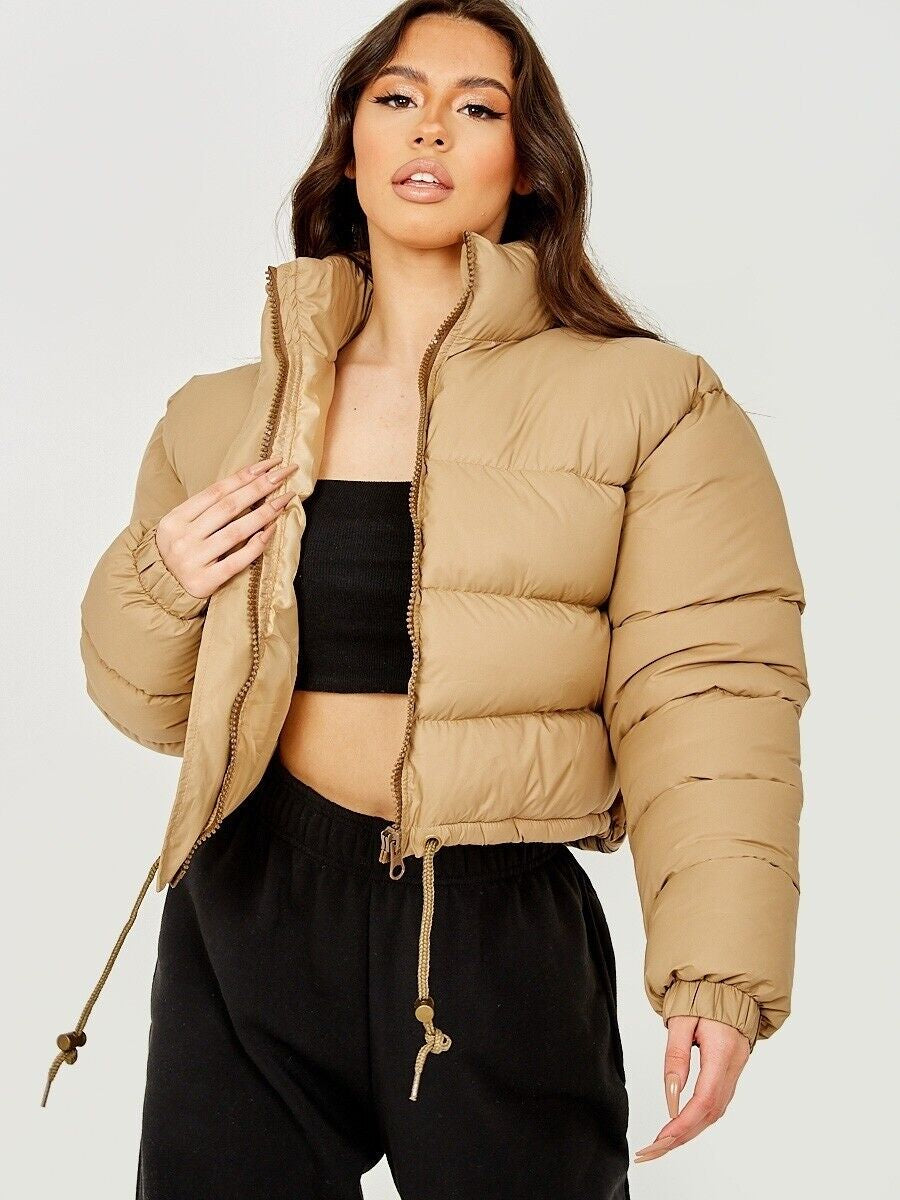 WOMENS LADIES QUILTED WINTER COAT THICK PUFFER PADDED CROP HOODED JACKET PARKA