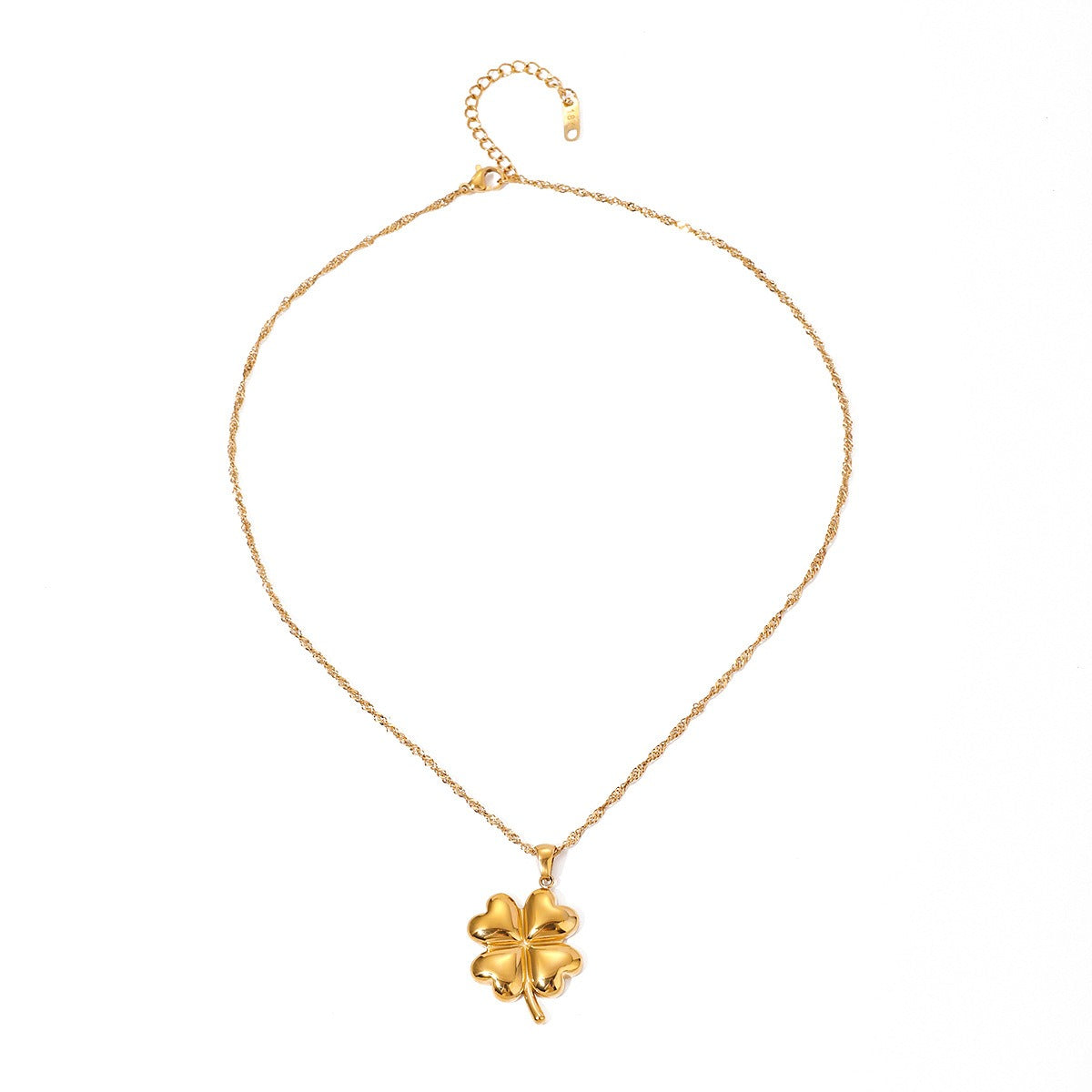 Elegant 18K gold pendant necklace featuring a delicate four-leaf clover design, symbolizing luck and fortune, with a shiny gold finish that adds a touch of luxury and charm.