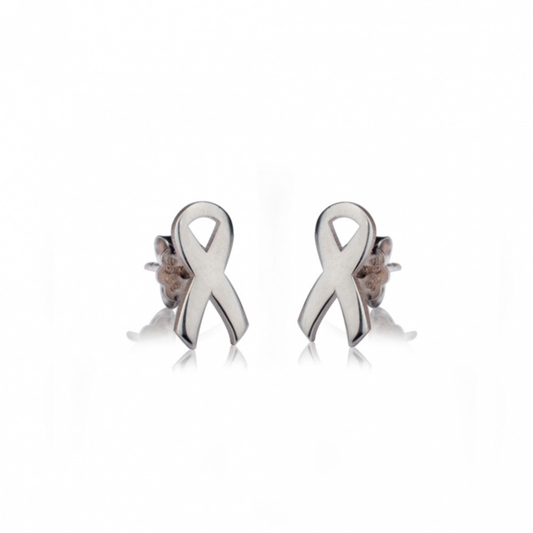 Pair of pink ribbon earrings designed to support breast cancer awareness, featuring delicate pink accents and symbolic ribbons representing the fight against breast cancer.